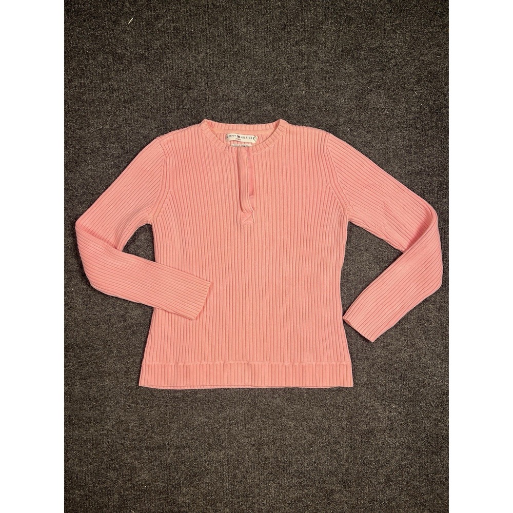 Y2K Tommy Hilfiger Women's Sz Large Baby Pink Ribbed Knit Pullover Quarter Zip